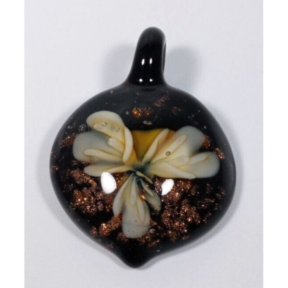 Vintage Hand Blown Art Glass Black with Flower Teardrop Pendant Boho Retro